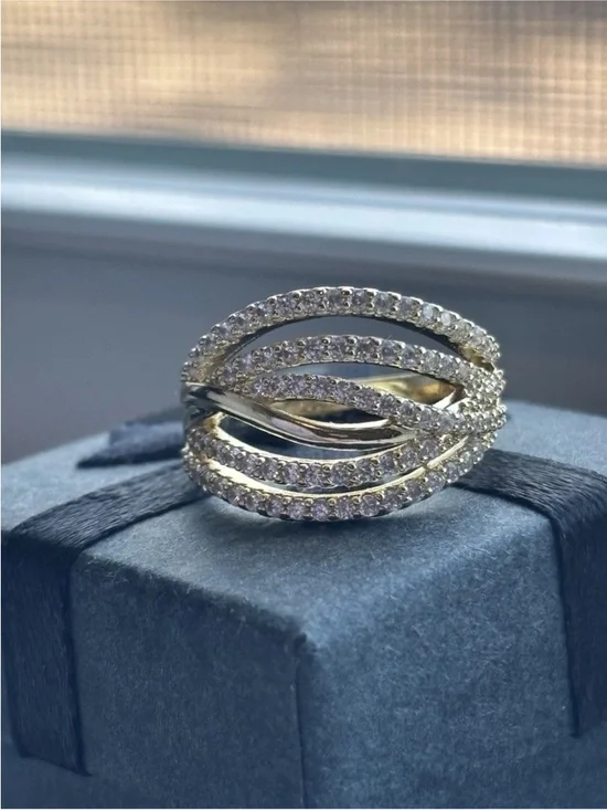 Gold Plated Multi Band Pave CZ Ring Size 6 Layered Wrap Statement Ring - Picture 7 of 11